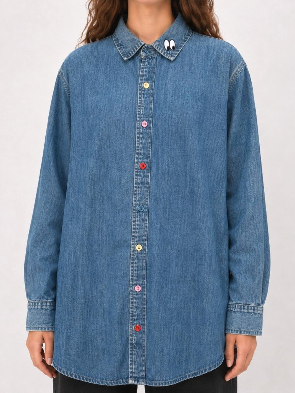 Lazy Oaf Sad Rainbow Shirt Oversized Blue Denim Eye Embroidery Whimsical SM - Picture 3 of 9